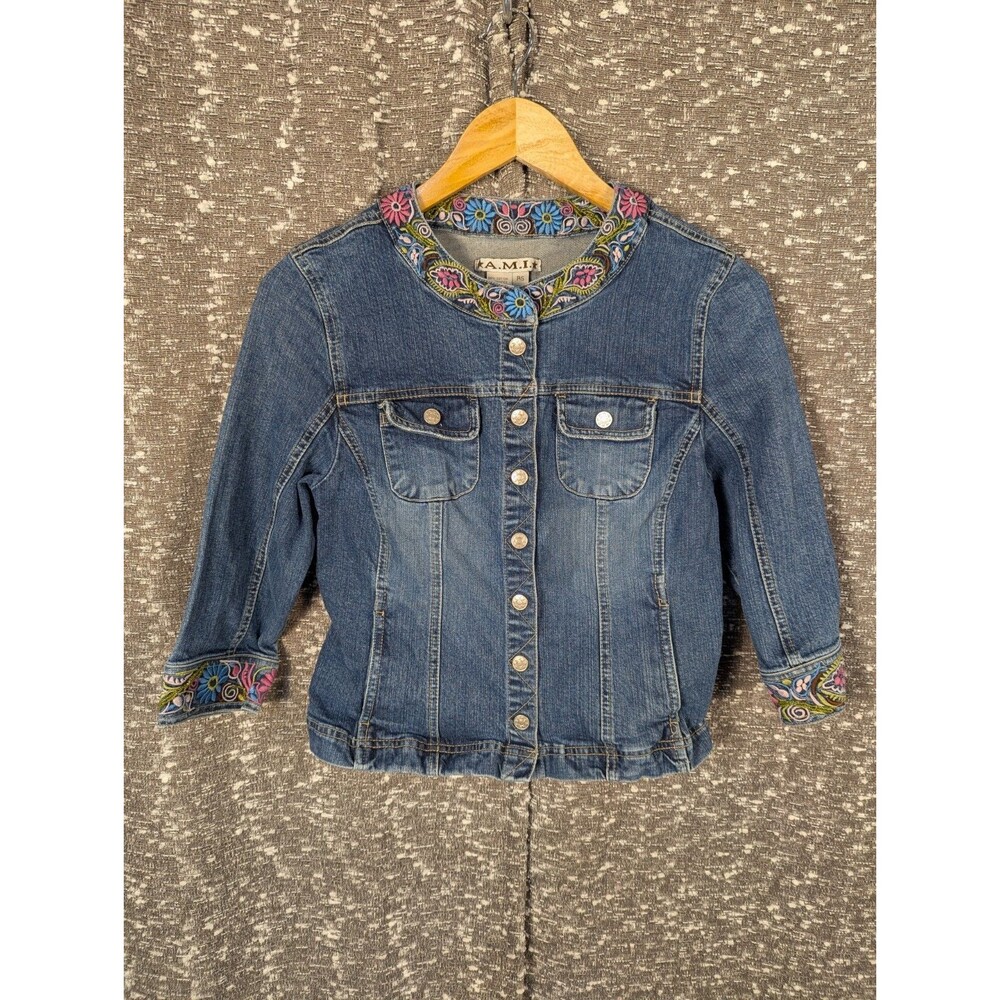 Vintage AMI Embroidered Denim Jean  Jacket Women's PS Blue‎ Cotton Blend